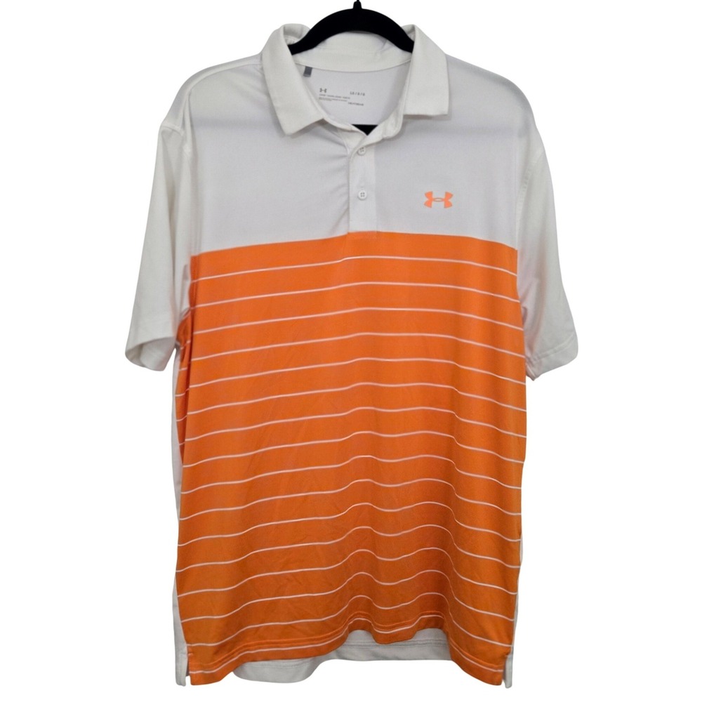 UUnder Armour Golf Polo Shirt Men L White Orange Striped Playoff 2.0‎ HeatGear